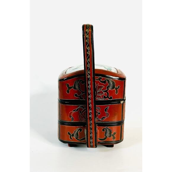 VTG Chinese Red Lacquered Wedding Basket Lunch Box Porcelain Plaque Top READ - Picture 4 of 9